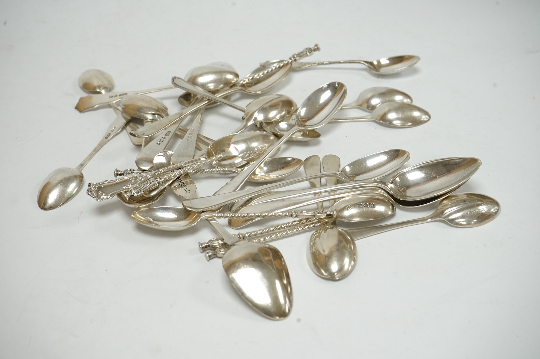 A set of six Edwardian silver coffee spoons, by John Round, Sheffield, 1903 and a small group of other assorted silver tea and coffee spoons, 13.9oz and one plated teaspoon. Condition - fair to good